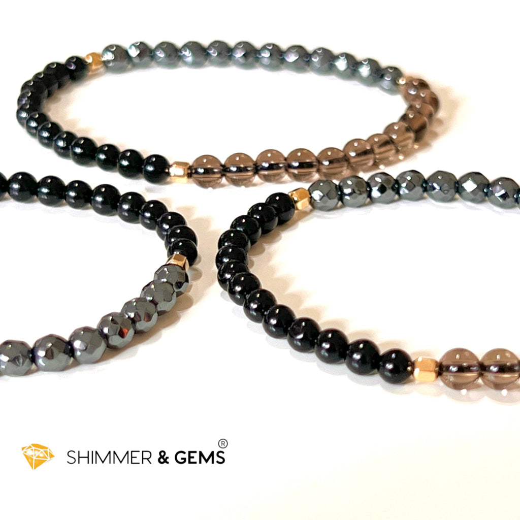 Protection Bracelet 4Mm With 14K Gold Filled Beads ( Black Tourmaline Smoky Quartz & Hematite)