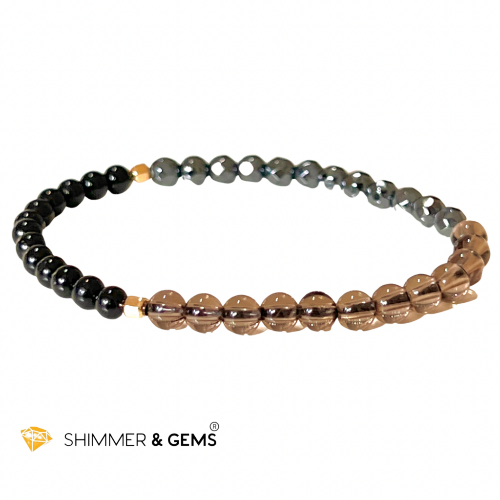 Protection Bracelet 4Mm With 14K Gold Filled Beads ( Black Tourmaline Smoky Quartz & Hematite)