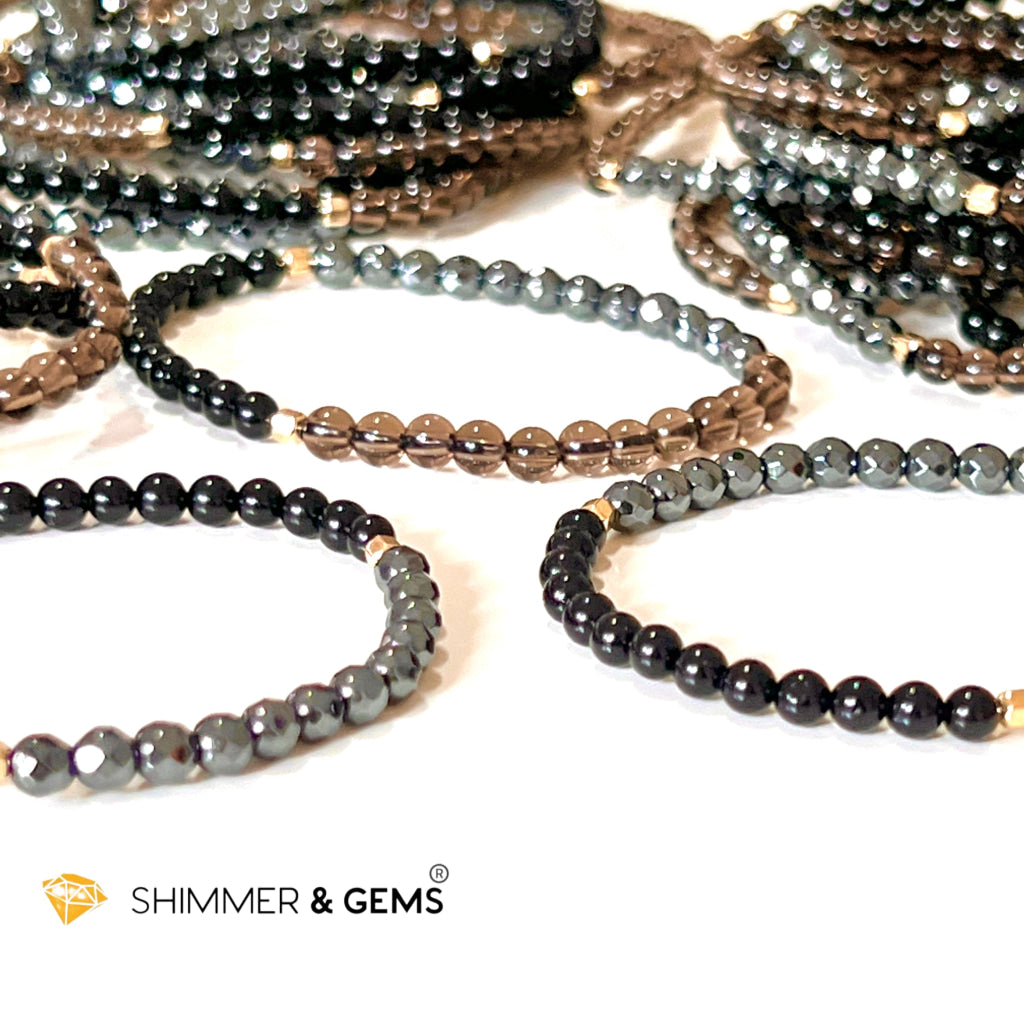 Protection Bracelet 4Mm With 14K Gold Filled Beads ( Black Tourmaline Smoky Quartz & Hematite)