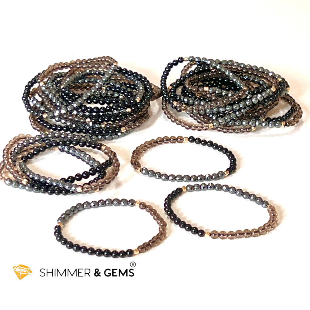 Protection Bracelet 4Mm With 14K Gold Filled Beads ( Black Tourmaline Smoky Quartz & Hematite)