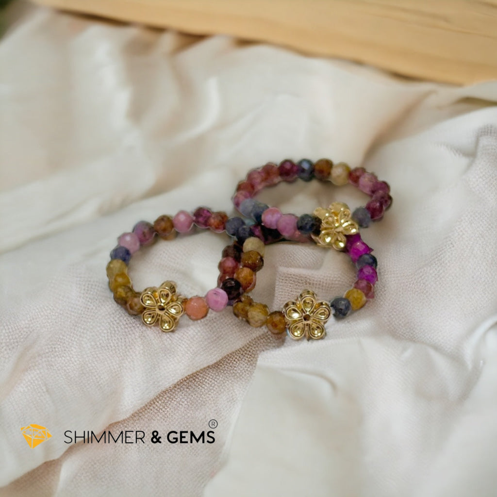 Rainbow Sapphire Beads Ring with Flower Charm