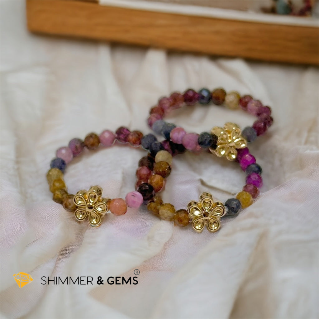 Rainbow Sapphire Beads Ring with Flower Charm