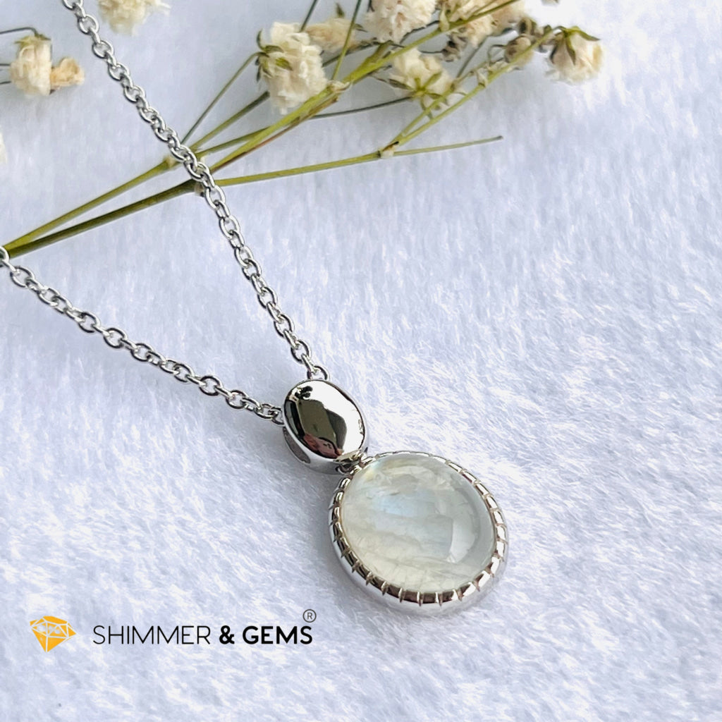 Rainbow Moonstone Bezel Oval With Chain Necklace (Classy) Charms & Pendants