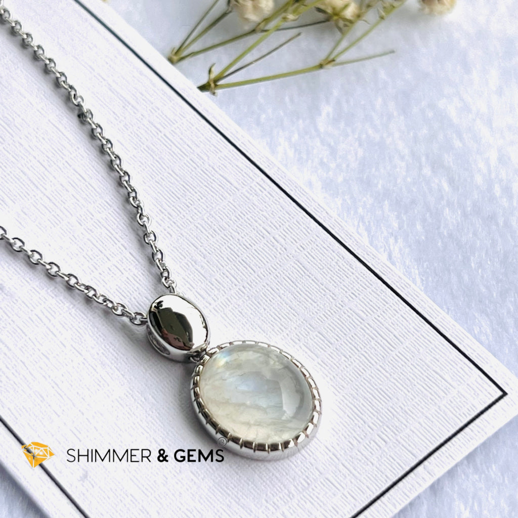 Rainbow Moonstone Bezel Oval With Chain Necklace (Classy) Charms & Pendants