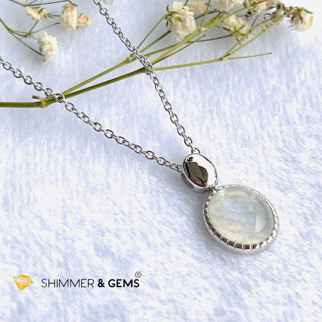 Rainbow Moonstone Bezel Oval With Chain Necklace (Classy) Charms & Pendants