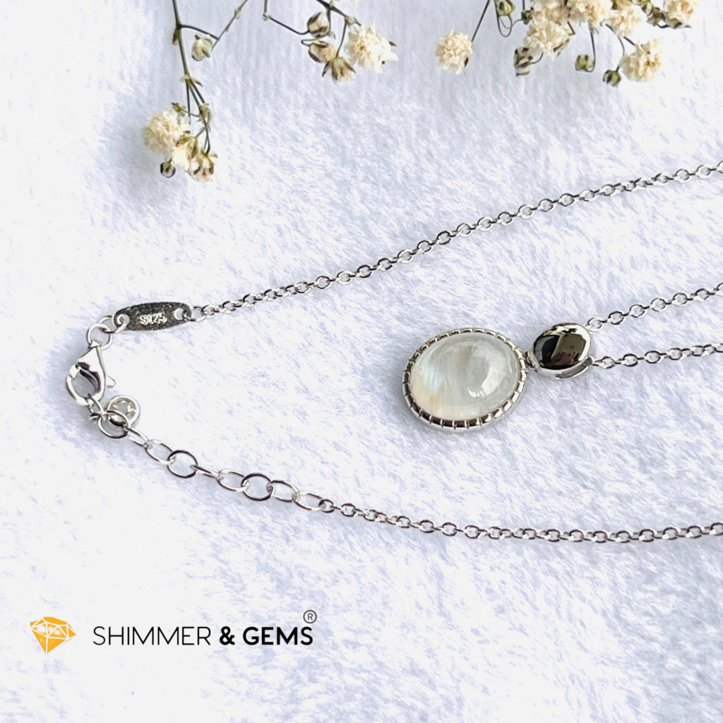 Rainbow Moonstone Bezel Oval With Chain Necklace (Classy) Charms & Pendants