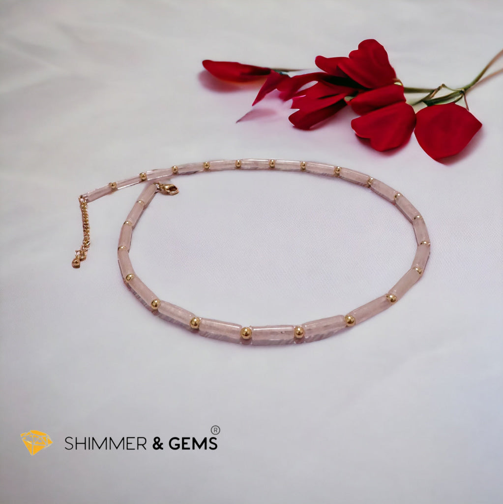 Rose Quartz Tube Necklace with 14k gold plated stainless steel beads and clasp