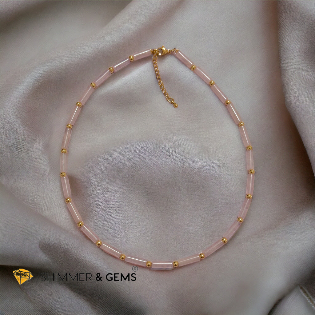 Rose Quartz Tube Necklace with 14k gold plated stainless steel beads and clasp