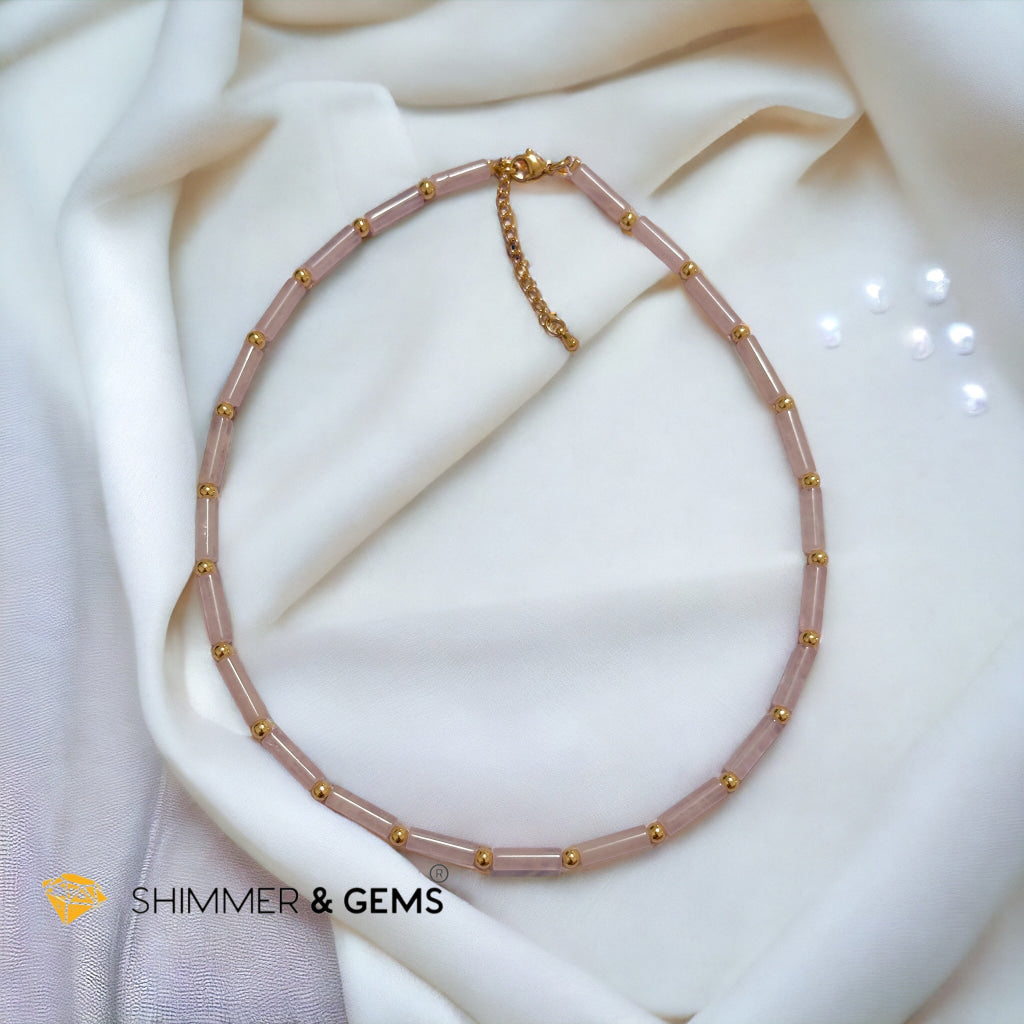 Rose Quartz Tube Necklace with 14k gold plated stainless steel beads and clasp