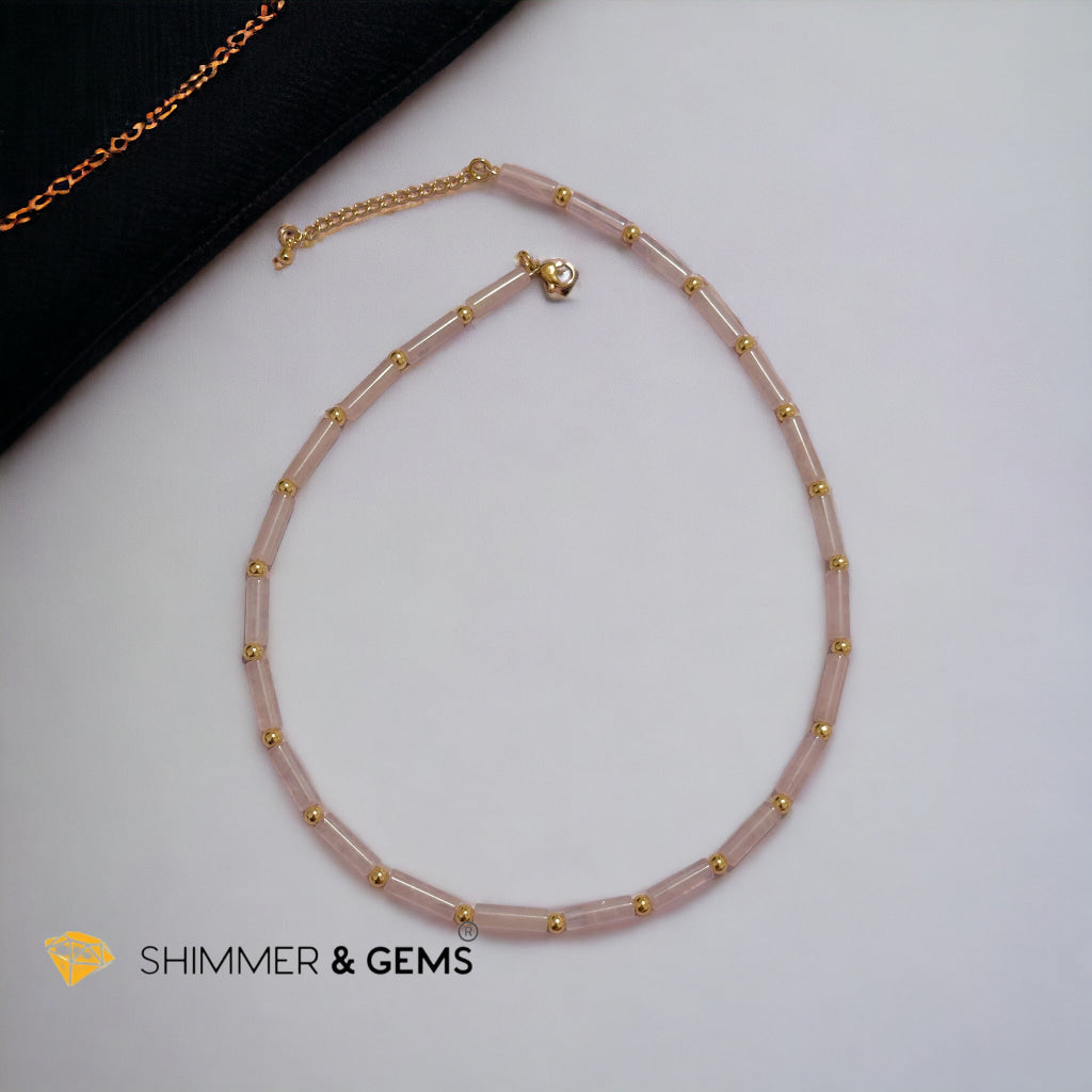 Rose Quartz Tube Necklace with 14k gold plated stainless steel beads and clasp