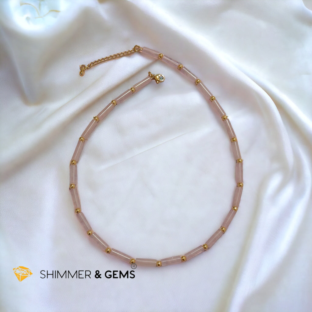 Rose Quartz Tube Necklace with 14k gold plated stainless steel beads and clasp