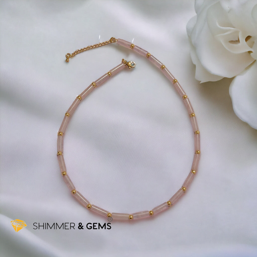 Rose Quartz Tube Necklace with 14k gold plated stainless steel beads and clasp