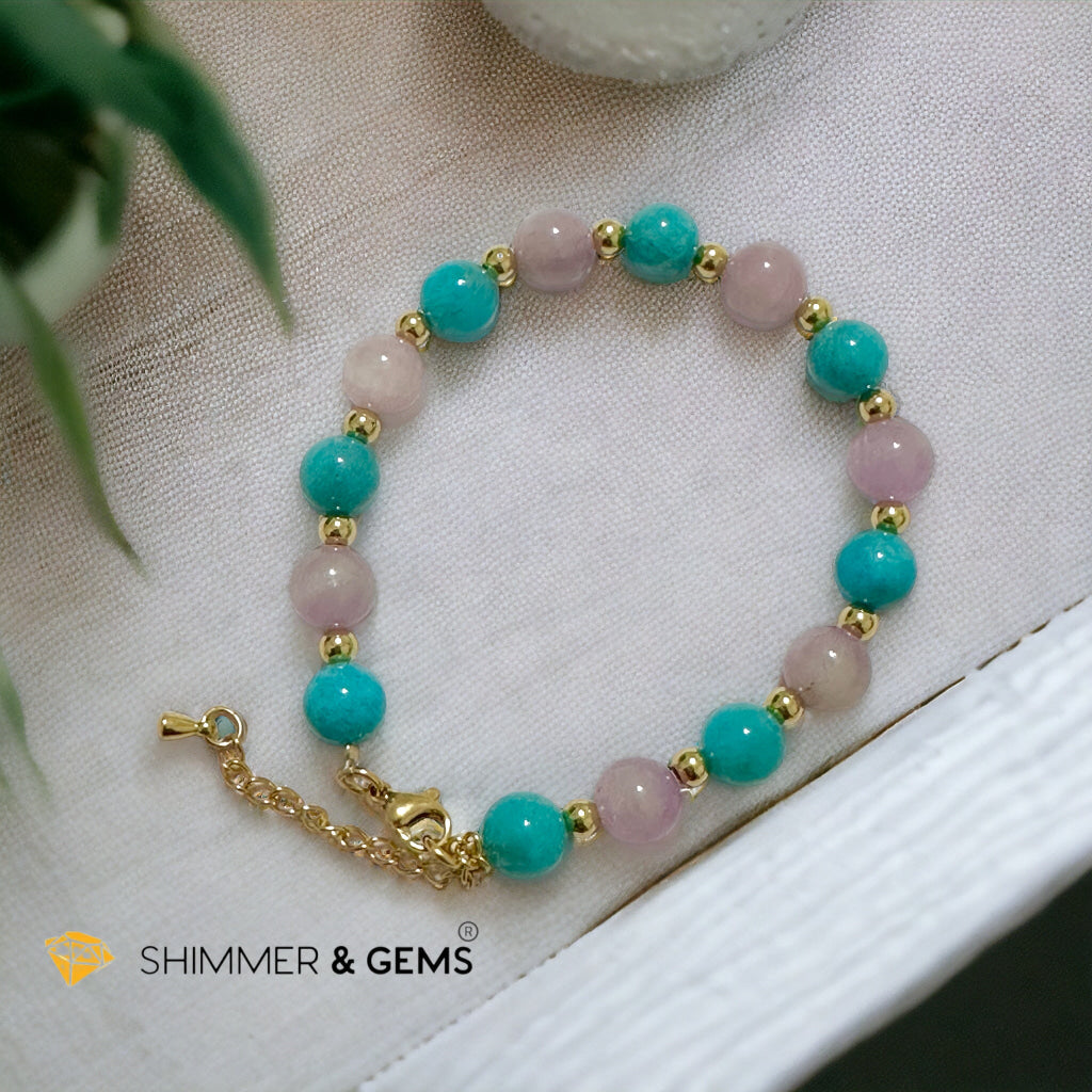 Self Love Bracelet (Amazonite & Kunzite 8mm with stainless steel chain and beads)