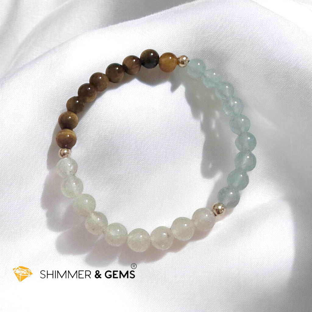 Smooth Journey Alchemy Bracelet (Protection, Flow & Ease in Travel) 6mm Aquamarine, Tiger’s Eye & Moonstone with 14K Gold-Filled Beads