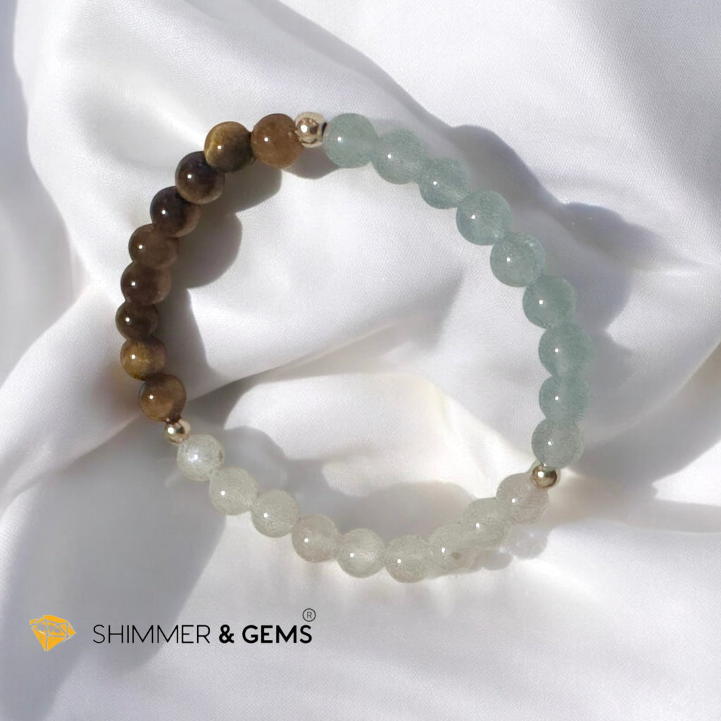 Smooth Journey Alchemy Bracelet (Protection, Flow & Ease in Travel) 6mm Aquamarine, Tiger’s Eye & Moonstone with 14K Gold-Filled Beads