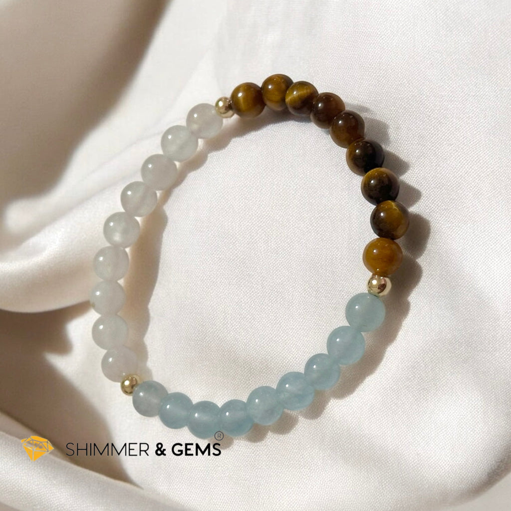 Smooth Journey Alchemy Bracelet (Protection, Flow & Ease in Travel) 6mm Aquamarine, Tiger’s Eye & Moonstone with 14K Gold-Filled Beads
