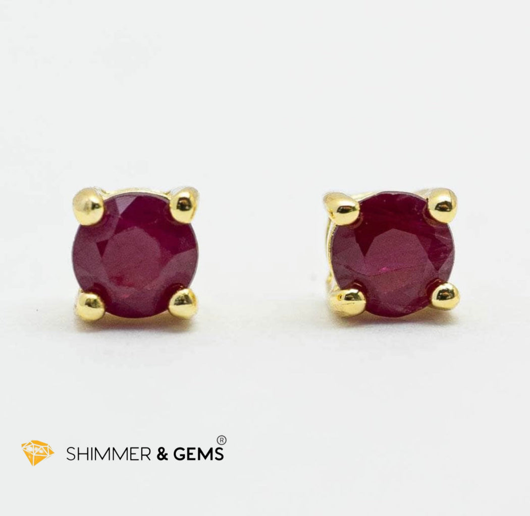 Solitaire Ruby Round Earrings Gold Plated 925 Silver 4mm (Soul-Led Success)