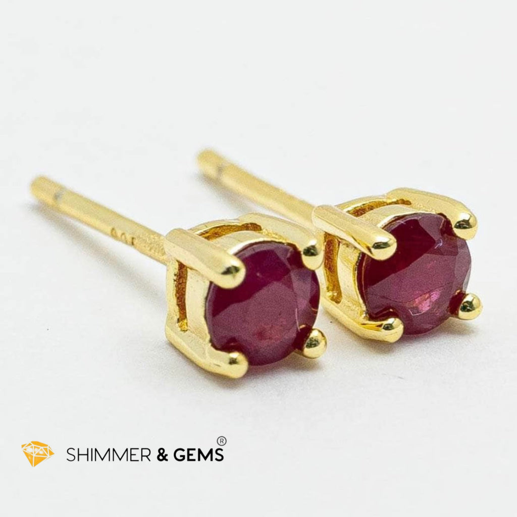 Solitaire Ruby Round Earrings Gold Plated 925 Silver 4mm (Soul-Led Success)
