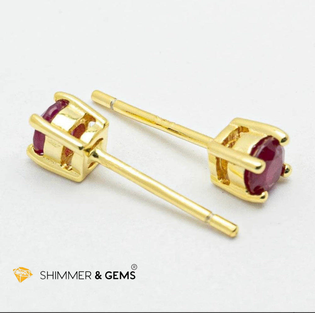 Solitaire Ruby Round Earrings Gold Plated 925 Silver 4mm (Soul-Led Success)
