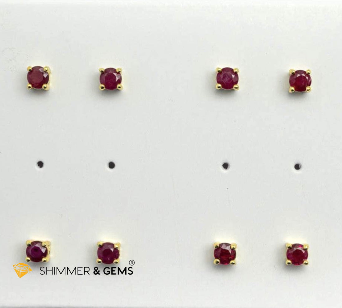 Solitaire Ruby Round Earrings Gold Plated 925 Silver 4mm (Soul-Led Success)