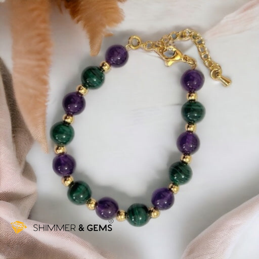 Success Vibes 8mm Bracelet with stainless steel beads and chain (Malachite & Amethyst)