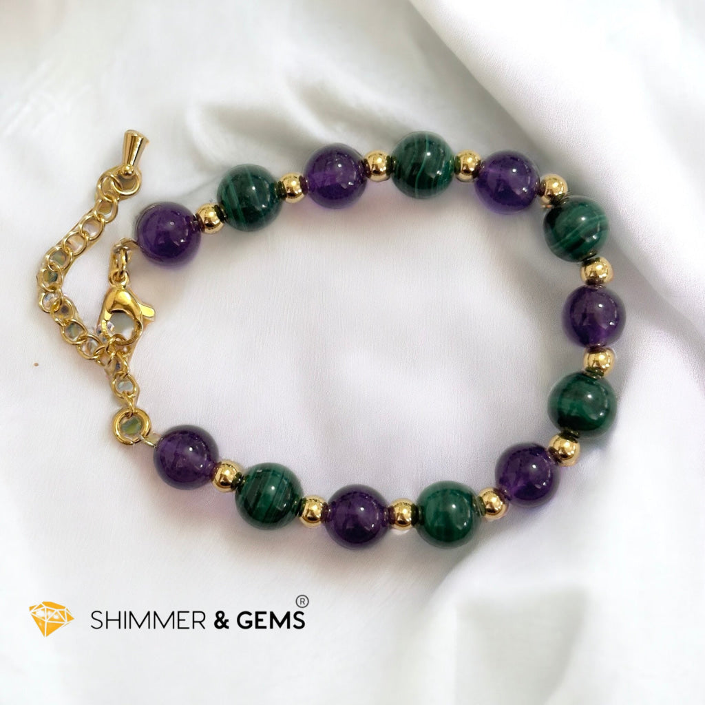 Success Vibes 8mm Bracelet with stainless steel beads and chain (Malachite & Amethyst)