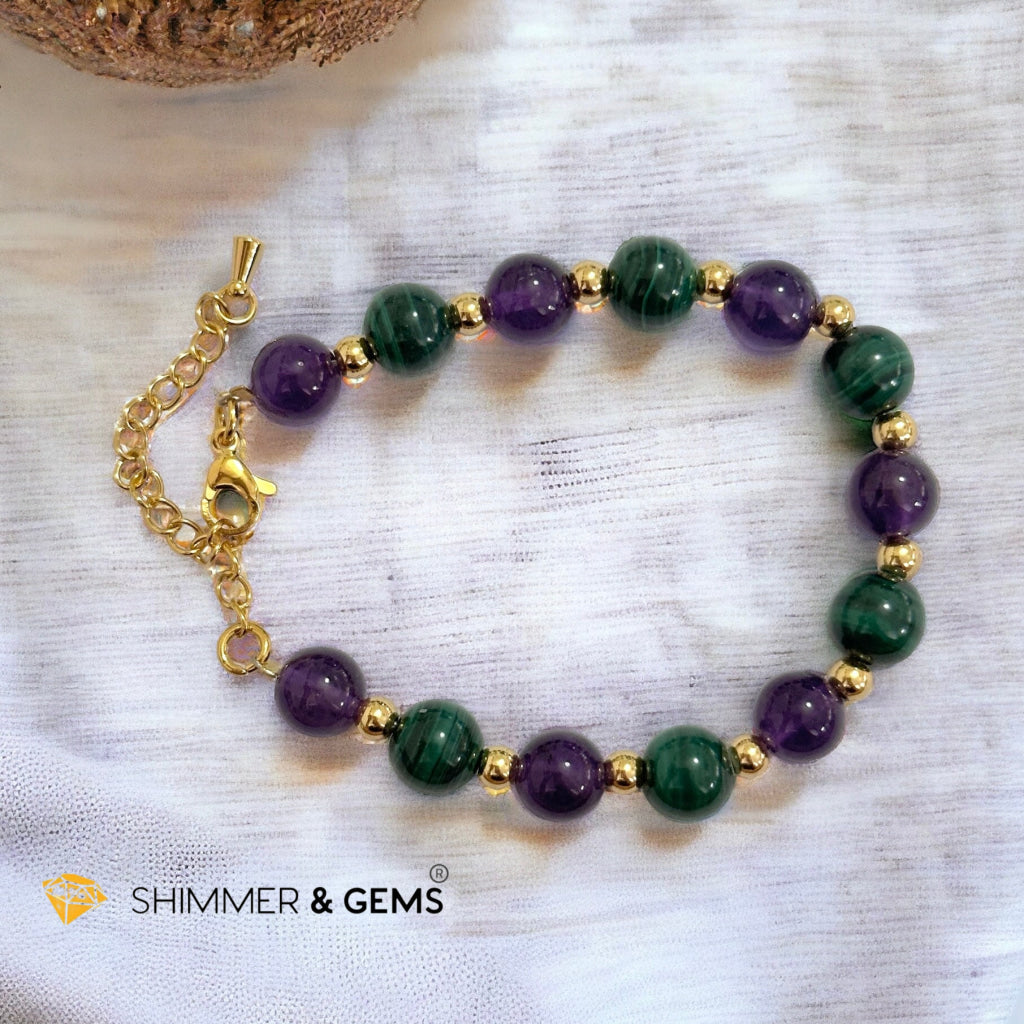 Success Vibes 8mm Bracelet with stainless steel beads and chain (Malachite & Amethyst)