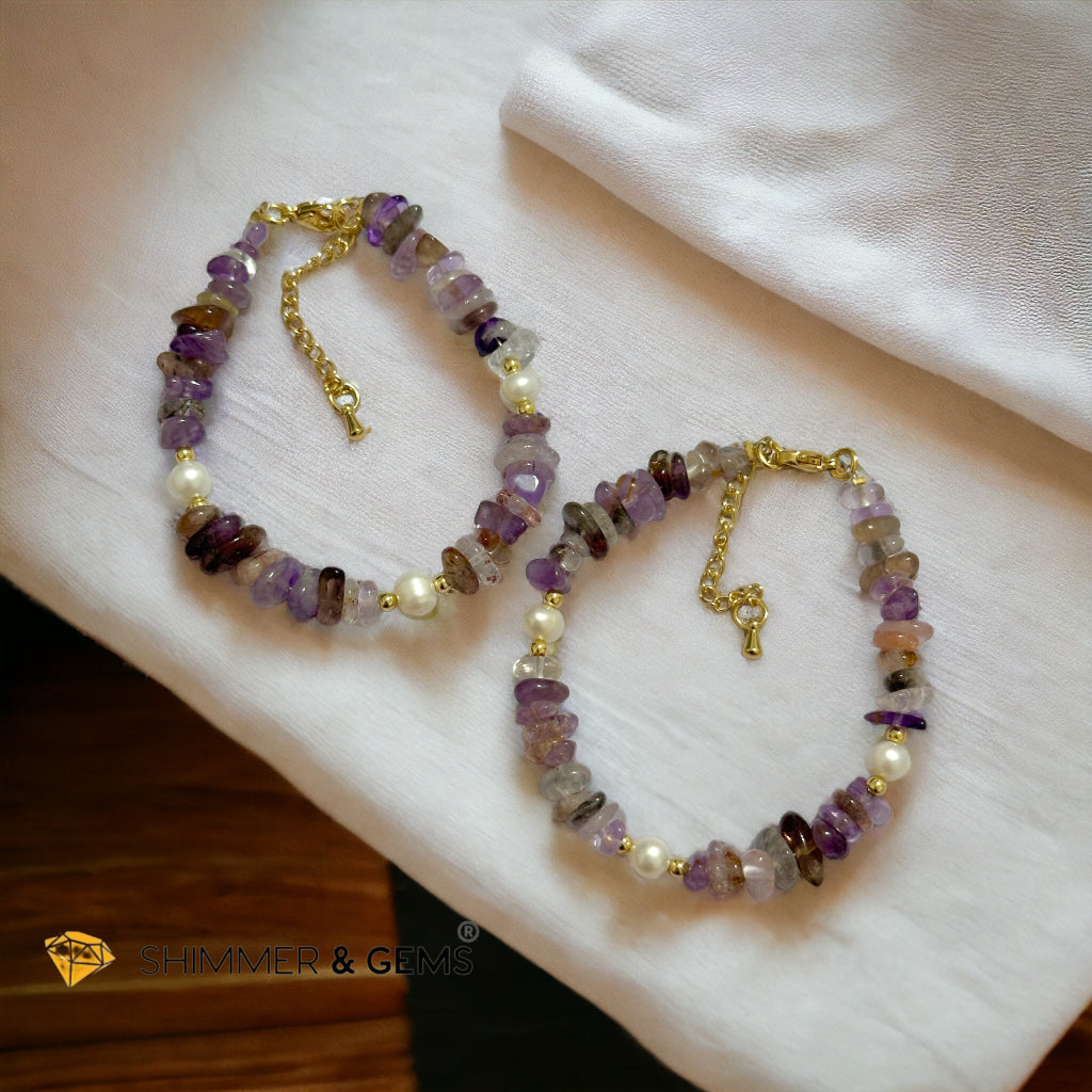 Super 7 Chips & Freshwater Pearl 14k gold plated Stainless steel Chain Bracelet