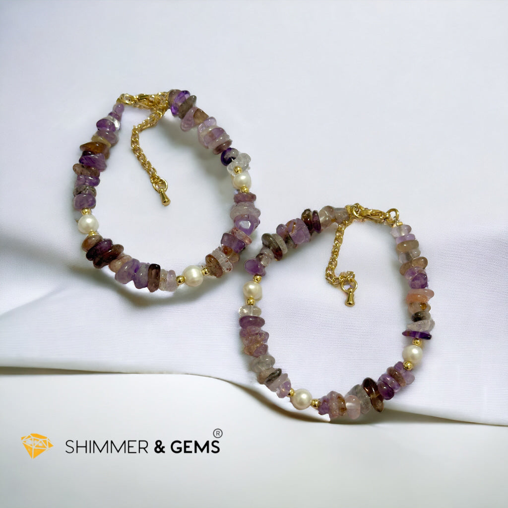 Super 7 Chips & Freshwater Pearl 14k gold plated Stainless steel Chain Bracelet