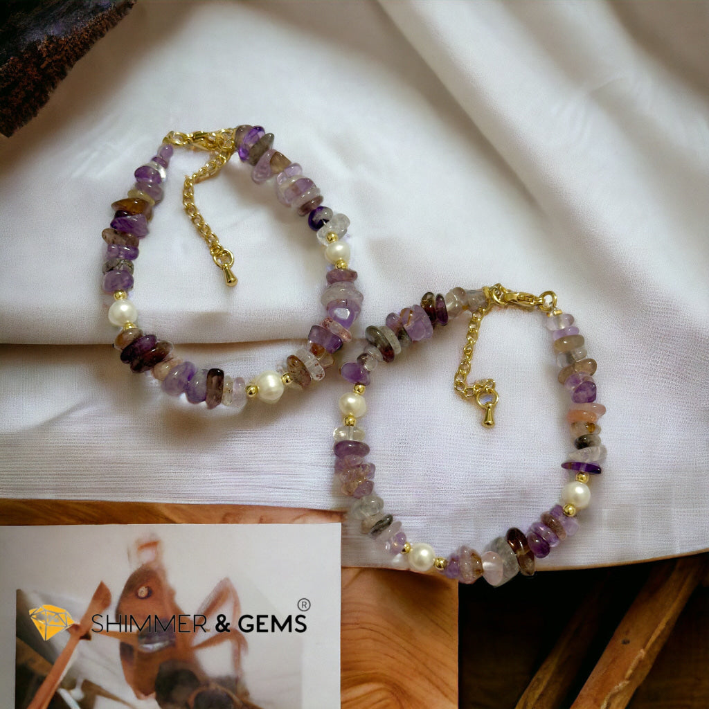 Super 7 Chips & Freshwater Pearl 14k gold plated Stainless steel Chain Bracelet