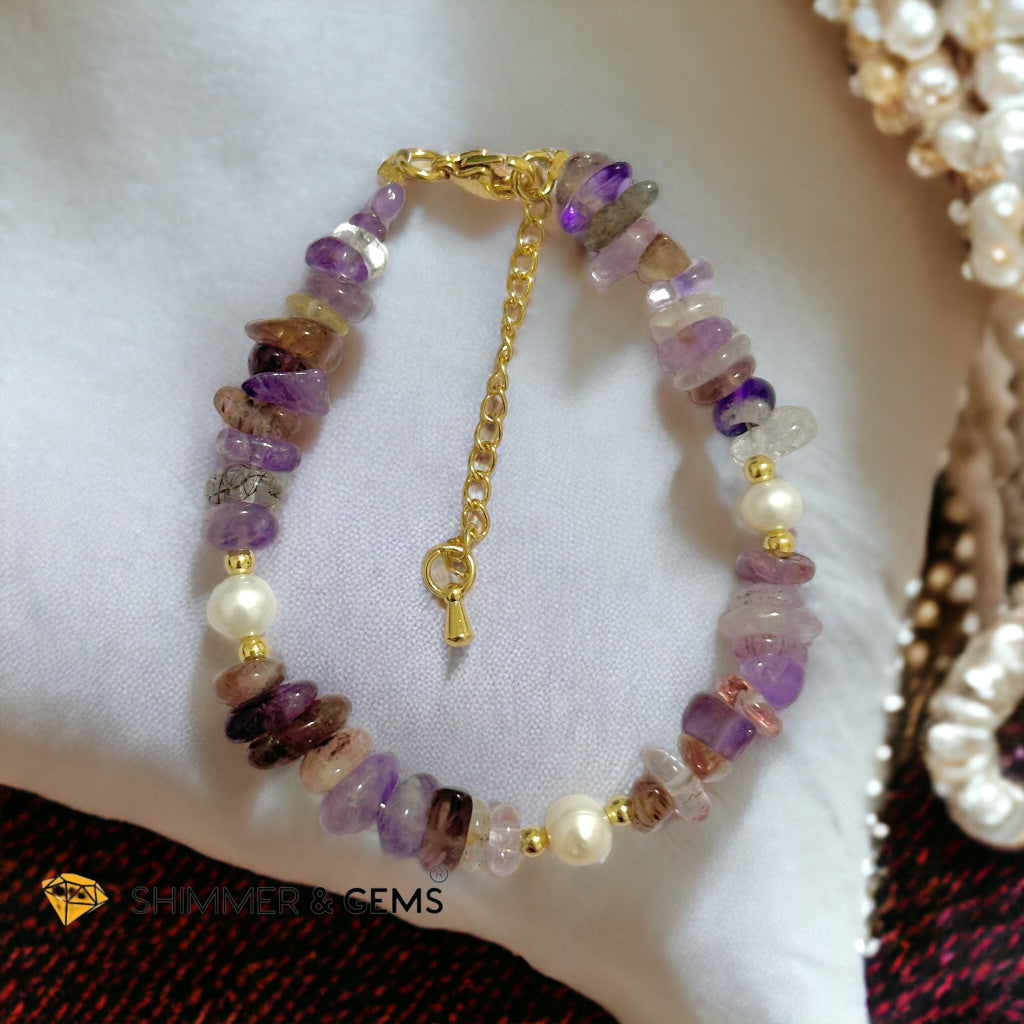 Super 7 Chips & Freshwater Pearl 14k gold plated Stainless steel Chain Bracelet