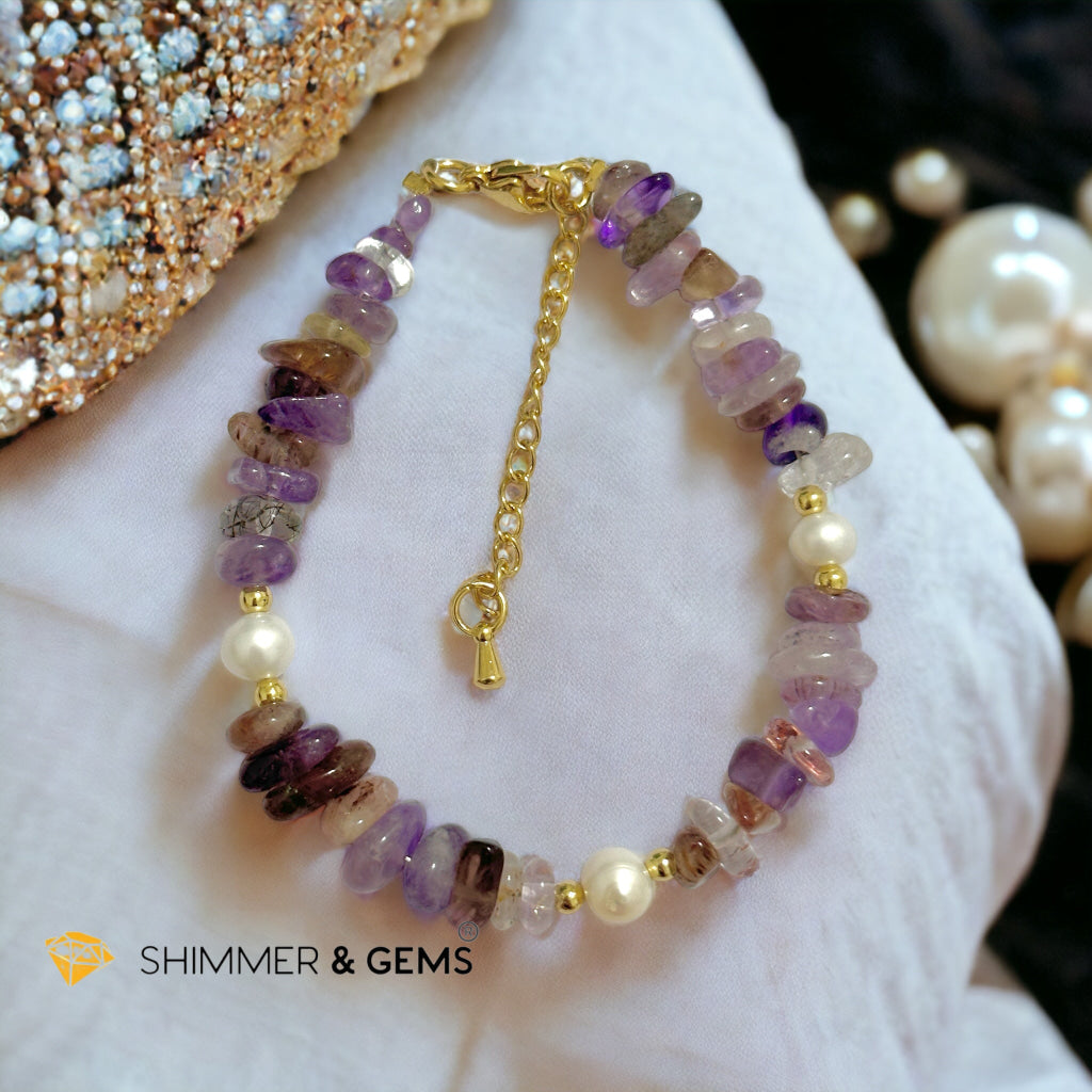 Super 7 Chips & Freshwater Pearl 14k gold plated Stainless steel Chain Bracelet