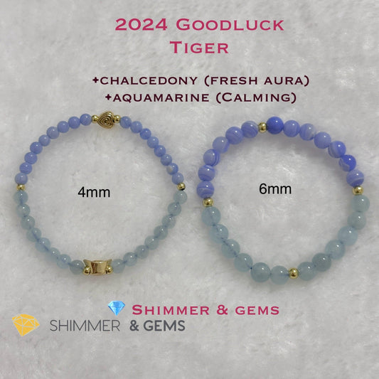 Tiger Animal Zodiac 2024 Goodluck Bracelet (Chalcedony & Aquamarine) Feng Shui