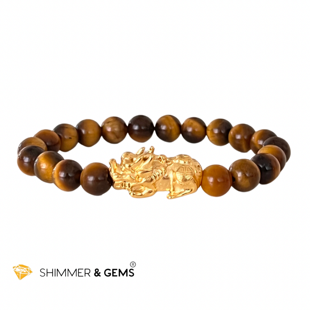 Tigers Eye Stainless Steel Pixiu Bracelet (8Mm) 5.5
