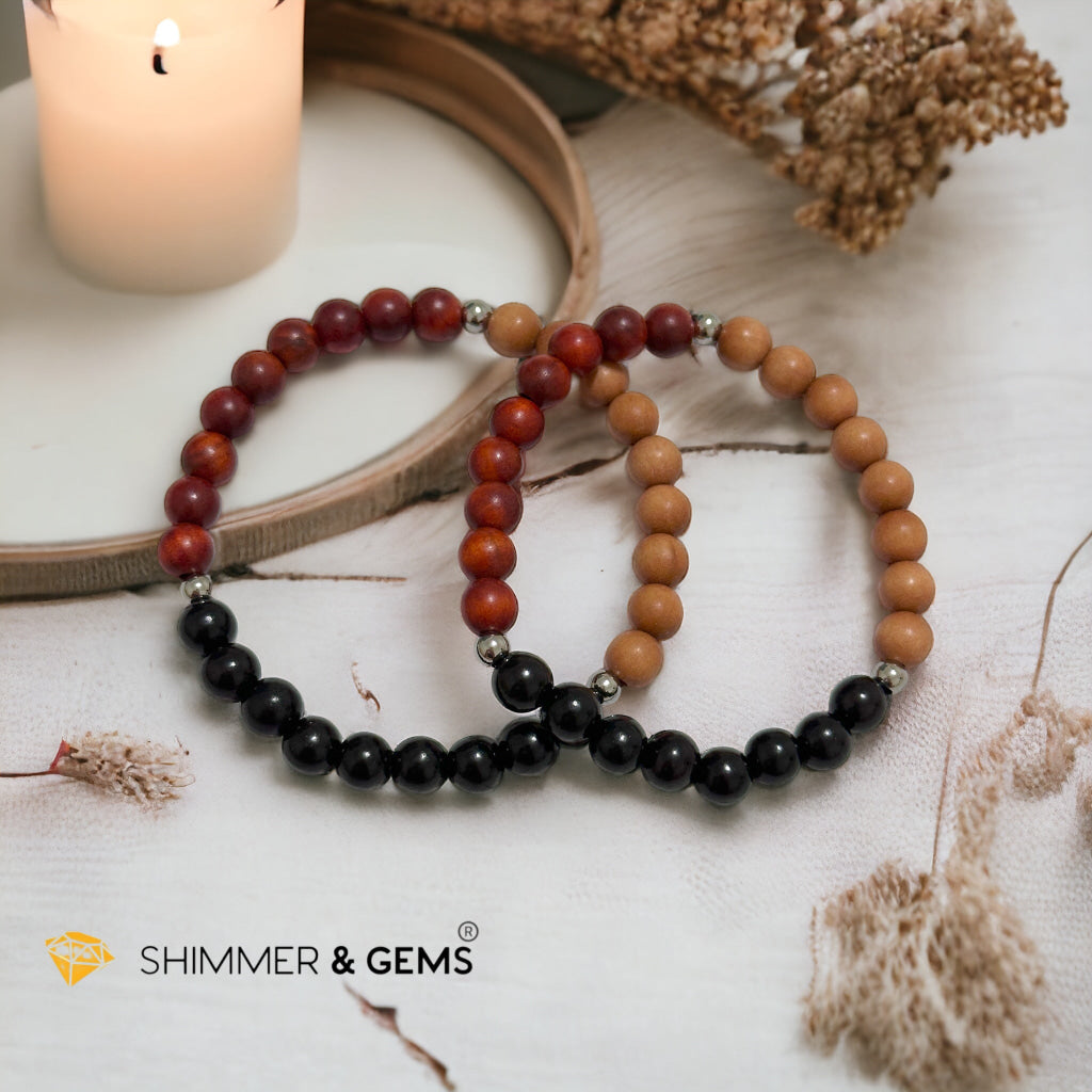 Triple Wood Bracelet for Luck & Protection (Sandalwood, Ebony & Raja Kayu 6mm) with Stainless Steel Beads