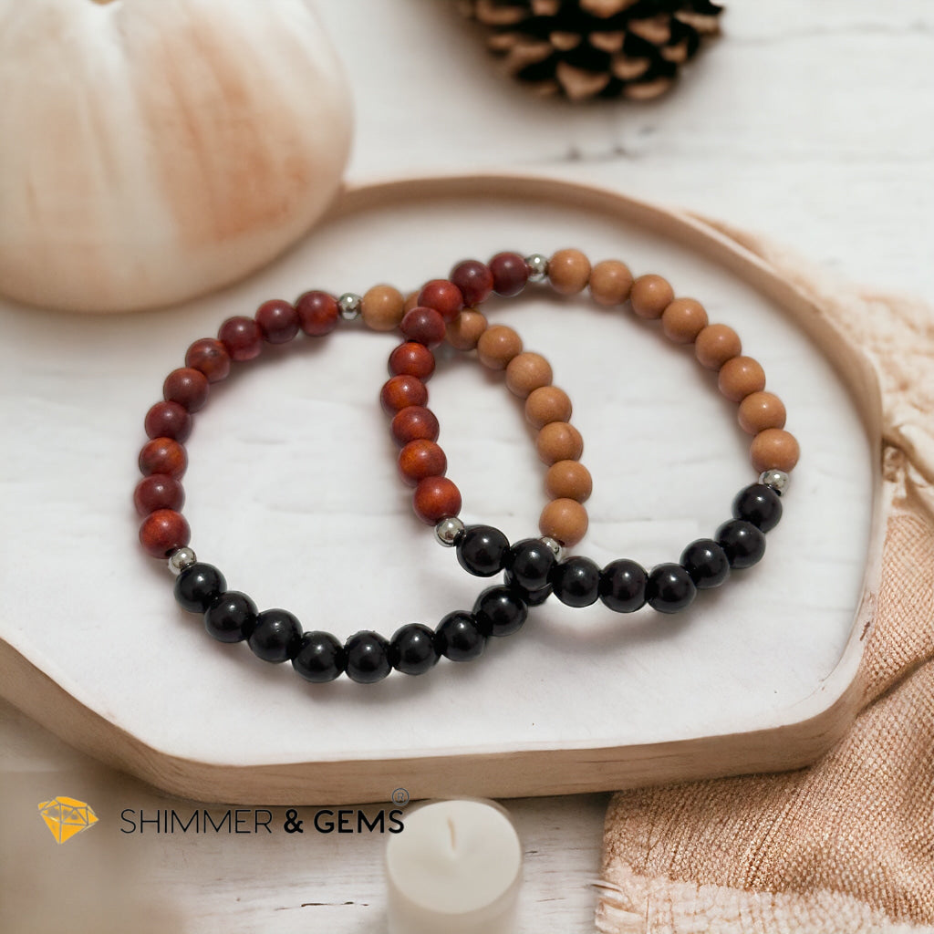 Triple Wood Bracelet for Luck & Protection (Sandalwood, Ebony & Raja Kayu 6mm) with Stainless Steel Beads