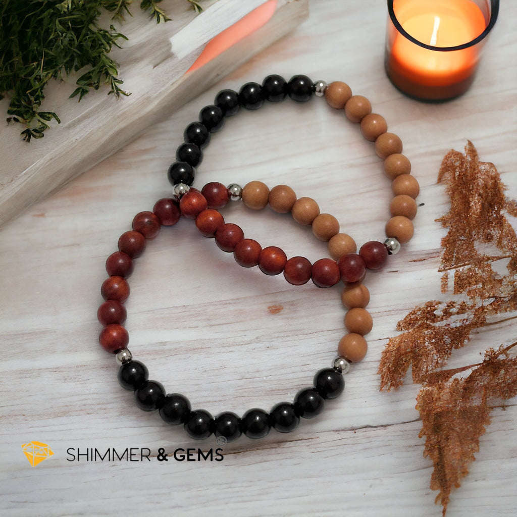 Triple Wood Bracelet for Luck & Protection (Sandalwood, Ebony & Raja Kayu 6mm) with Stainless Steel Beads