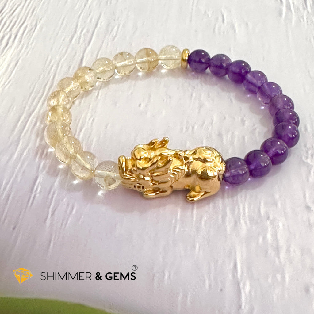 Wealth & Career Success Pixiu Bracelet (Stainless Steel) Citrine and Amethyst 6mm