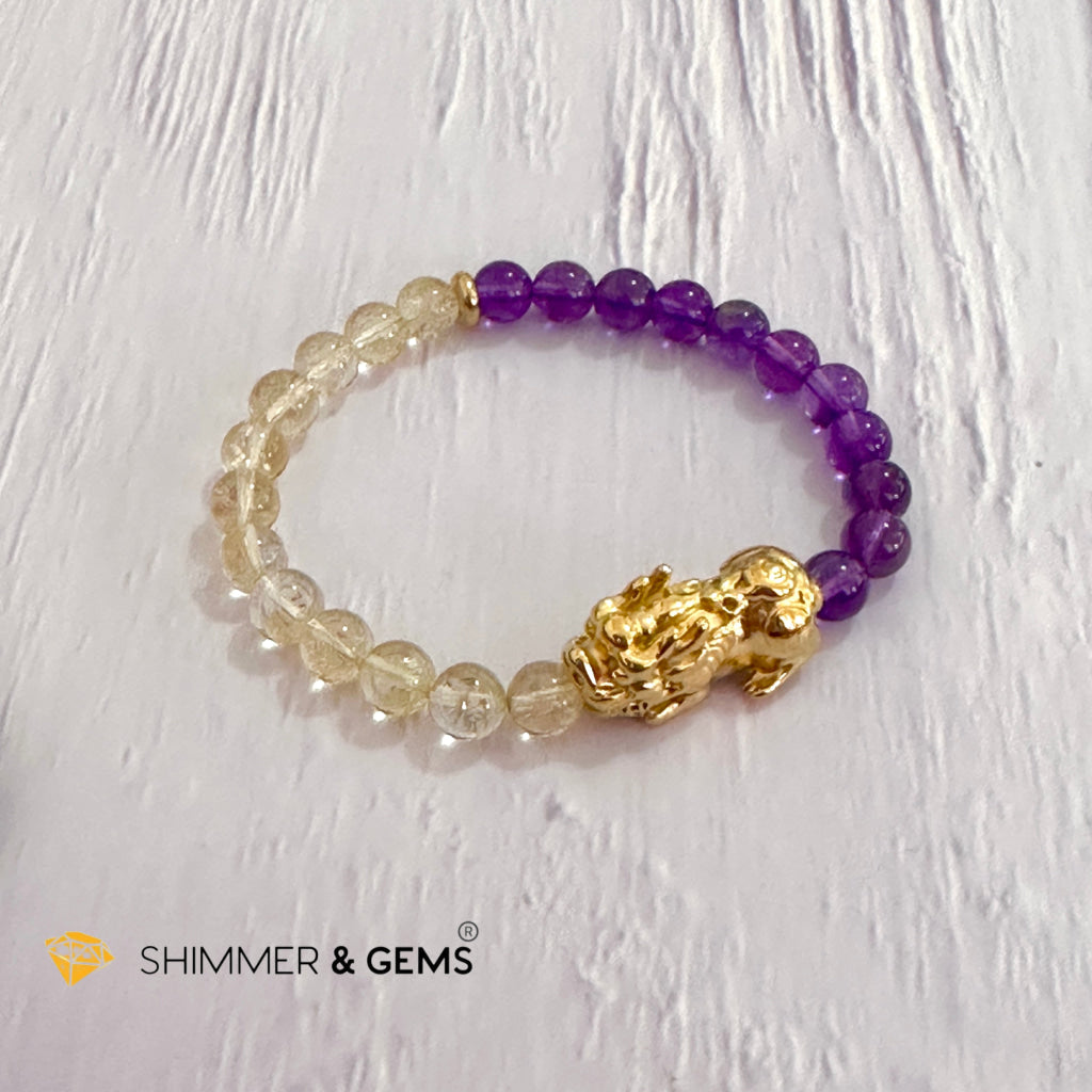 Wealth & Career Success Pixiu Bracelet (Stainless Steel) Citrine and Amethyst 6mm