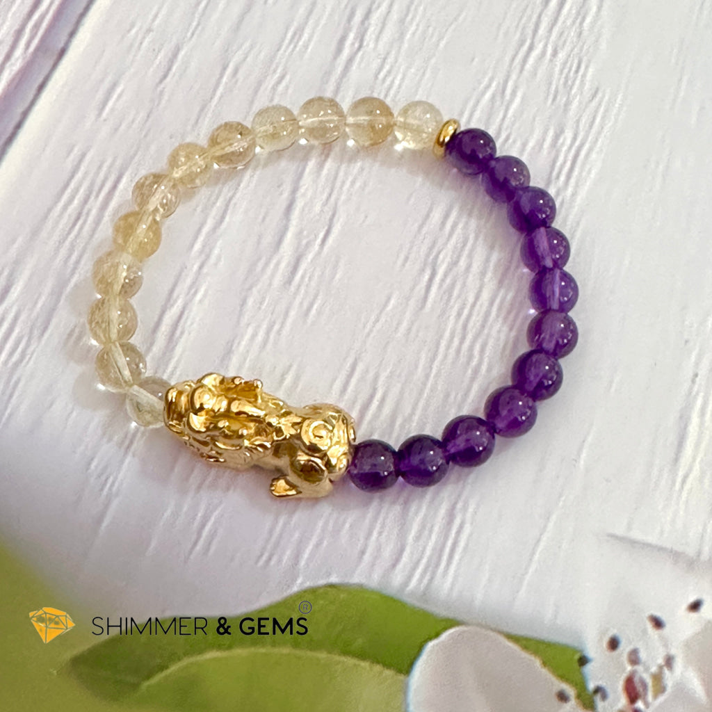Wealth & Career Success Pixiu Bracelet (Stainless Steel) Citrine and Amethyst 6mm