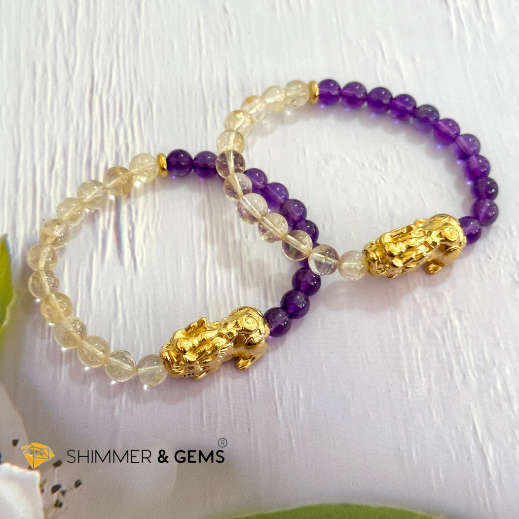 Wealth & Career Success Pixiu Bracelet (Stainless Steel) Citrine and Amethyst 6mm