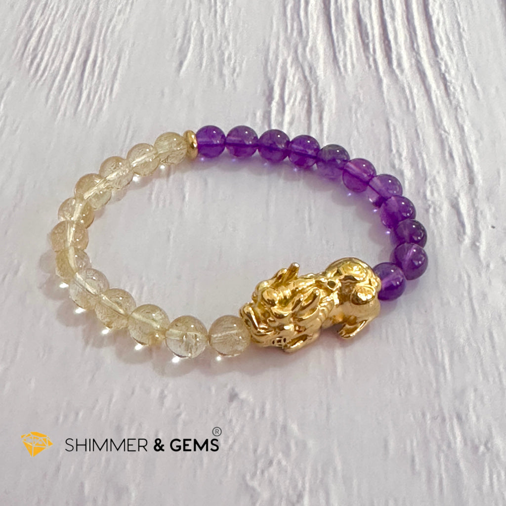 Wealth & Career Success Pixiu Bracelet (Stainless Steel) Citrine and Amethyst 6mm