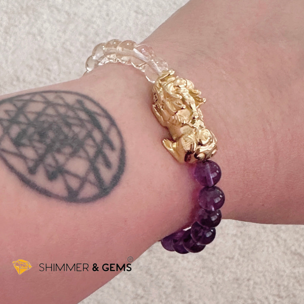 Wealth & Career Success Pixiu Bracelet (Stainless Steel) Citrine and Amethyst 6mm