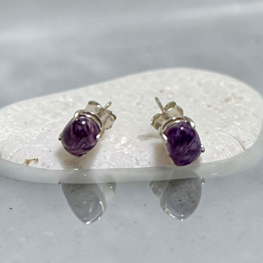 Charoite 6×8mm Oval 925 Silver Earrings