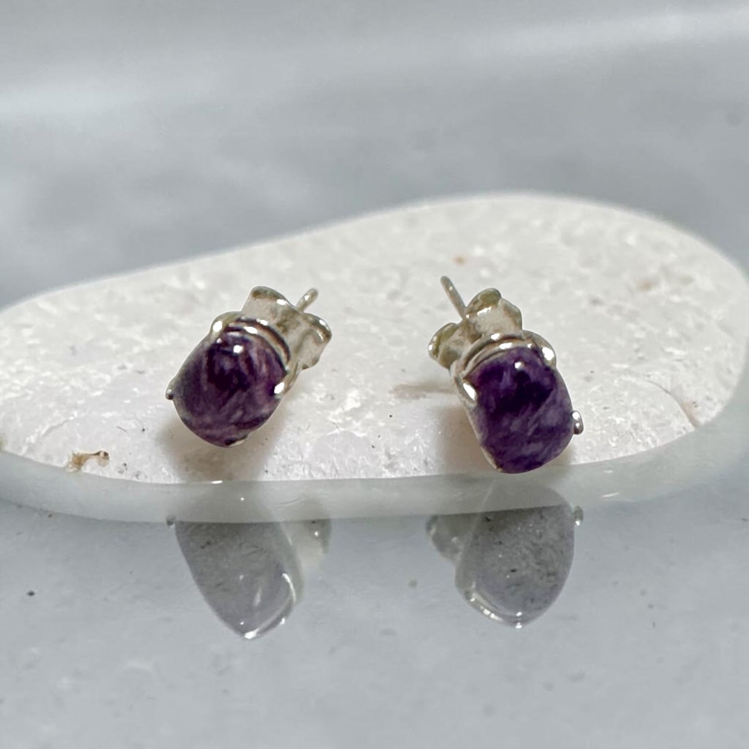 Charoite 6×8mm Oval 925 Silver Earrings