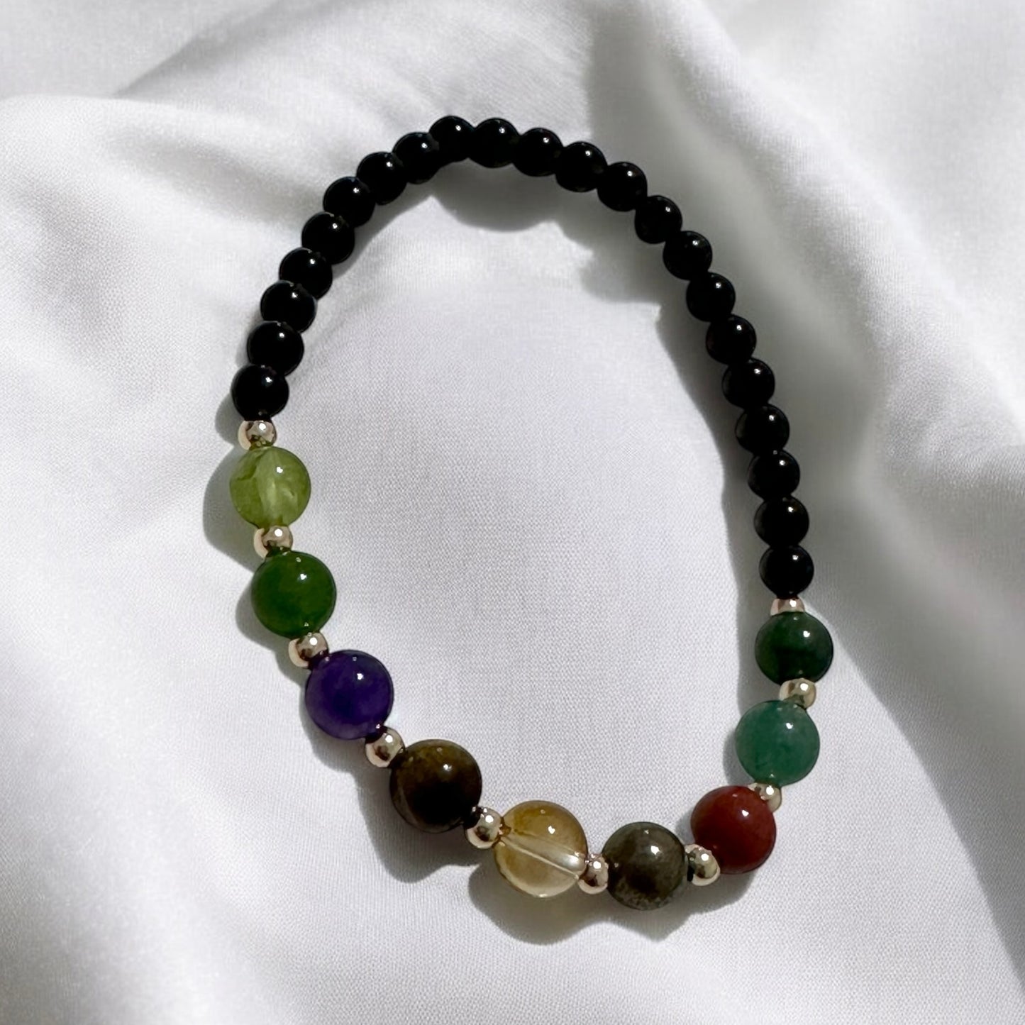 Power of 9, Ultimate Money Magnet Bracelet (Obsidian base with Moss Agate, Amazonite, Red Jasper, Pyrite, Citrine, Tiger’Eye, Amethyst, Taiwan Jade, Peridot & 14K Gold-Filled Beads)