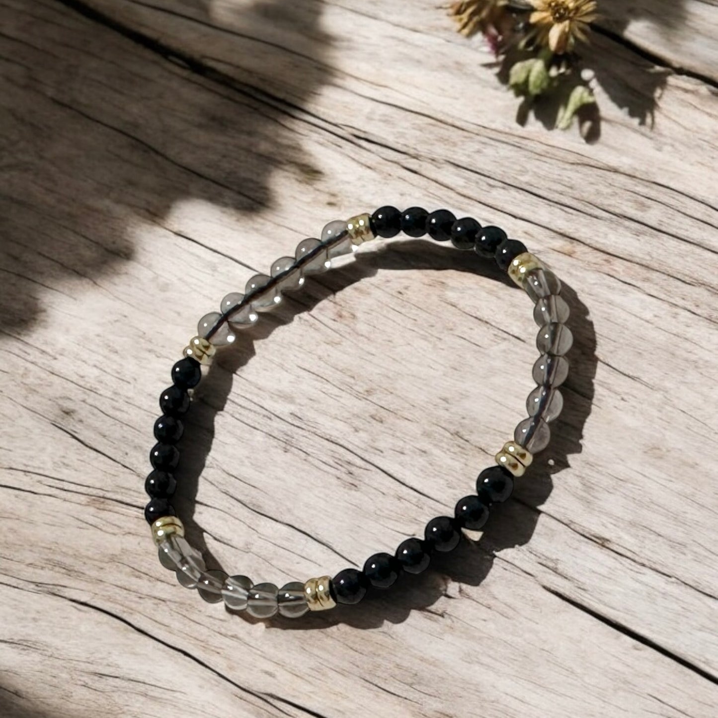 Grounding & Protection Bracelet with 4mm Black Tourmaline & Smoky Quartz with Stainless Steel Rondelle Beads