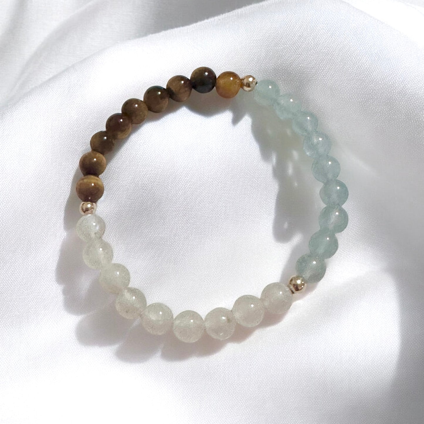 Smooth Journey Alchemy Bracelet (Protection, Flow & Ease in Travel) 6mm Aquamarine, Tiger’s Eye & Moonstone with 14K Gold-Filled Beads