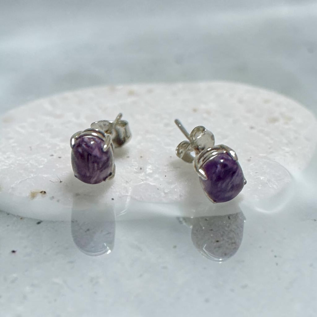 Charoite 6×8mm Oval 925 Silver Earrings
