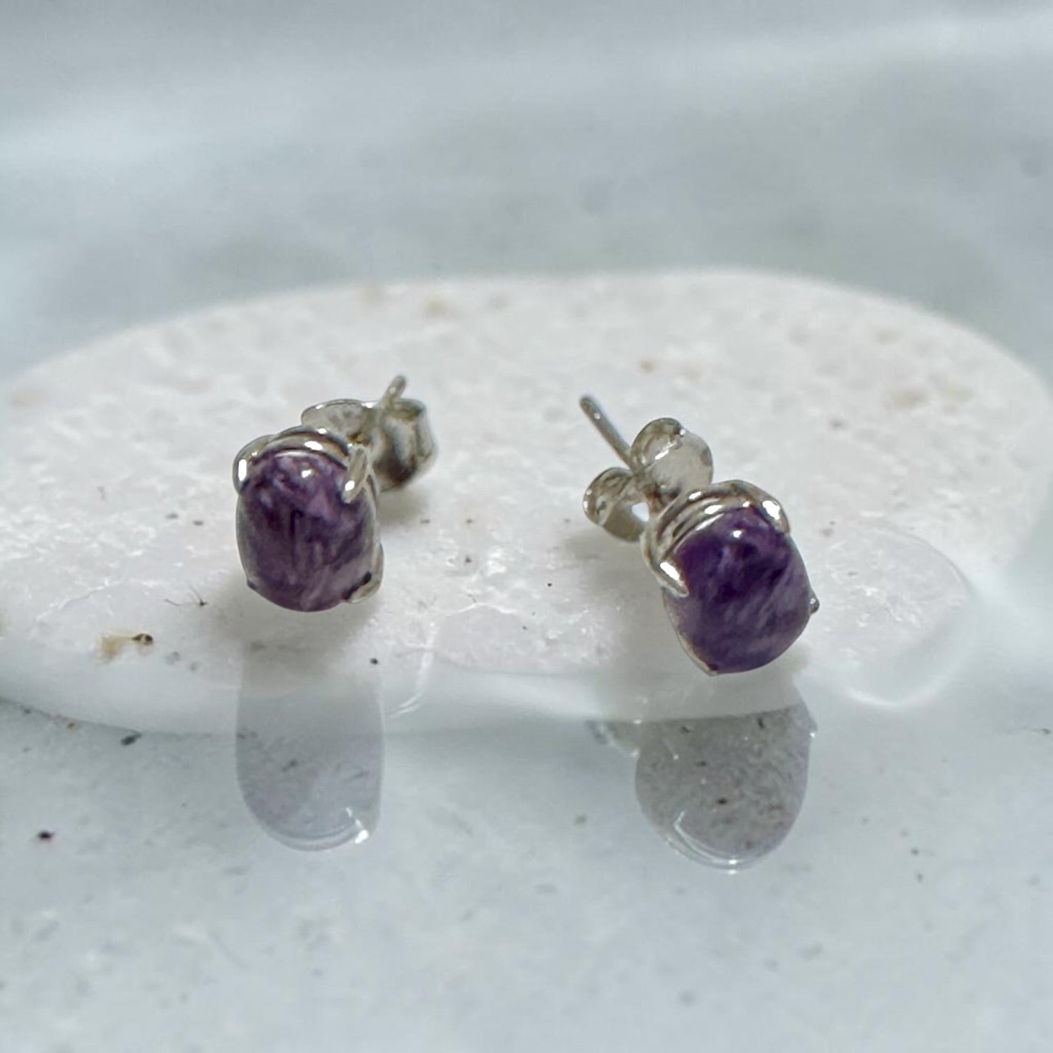 Charoite 6×8mm Oval 925 Silver Earrings